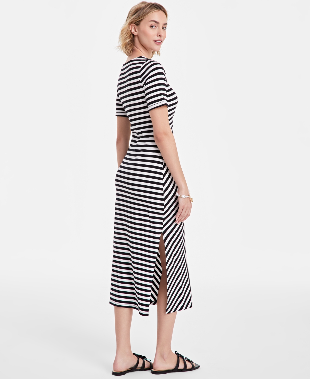 On 34th Womens Striped Tie Waist Midi Dress Exclusively At Macys Xxs 3x In Deep Black