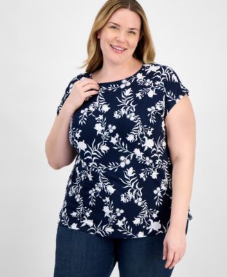 Style & Co - Plus Size Floral-Print Mixed-Media Relaxed Top