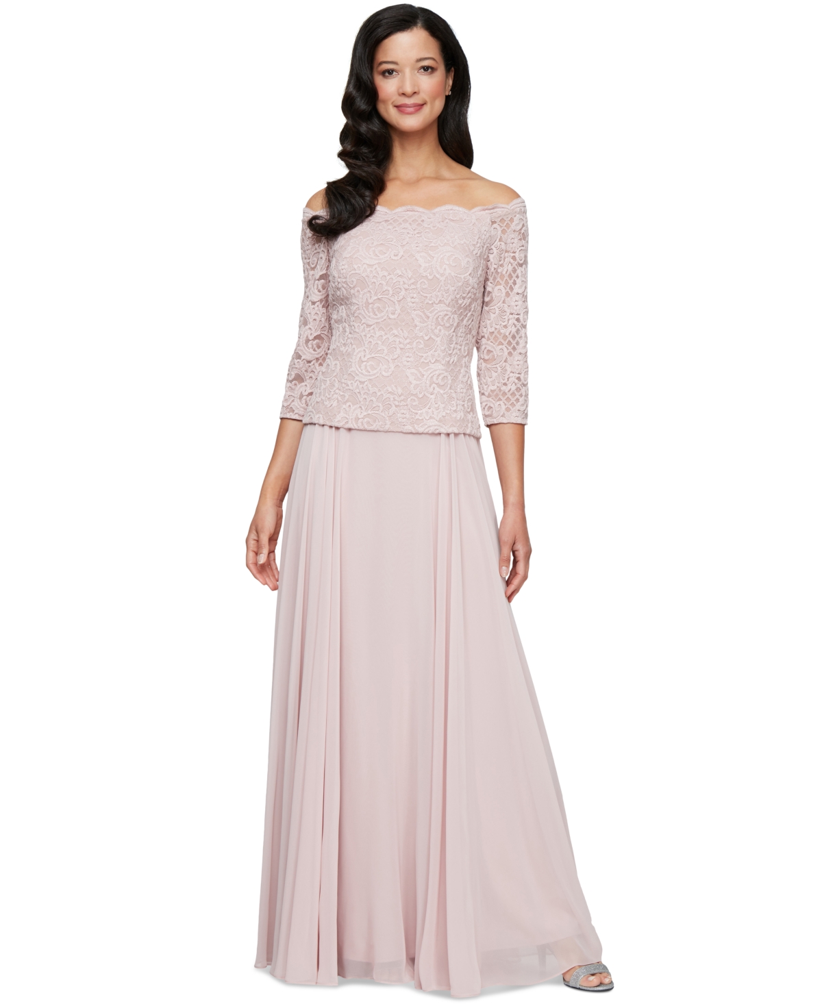 Petite Lace Top Off-The-Shoulder Gown - Blush