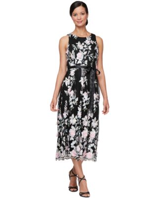 Alex Evenings - Women's Embroidered-Chiffon Satin-Belt Dress