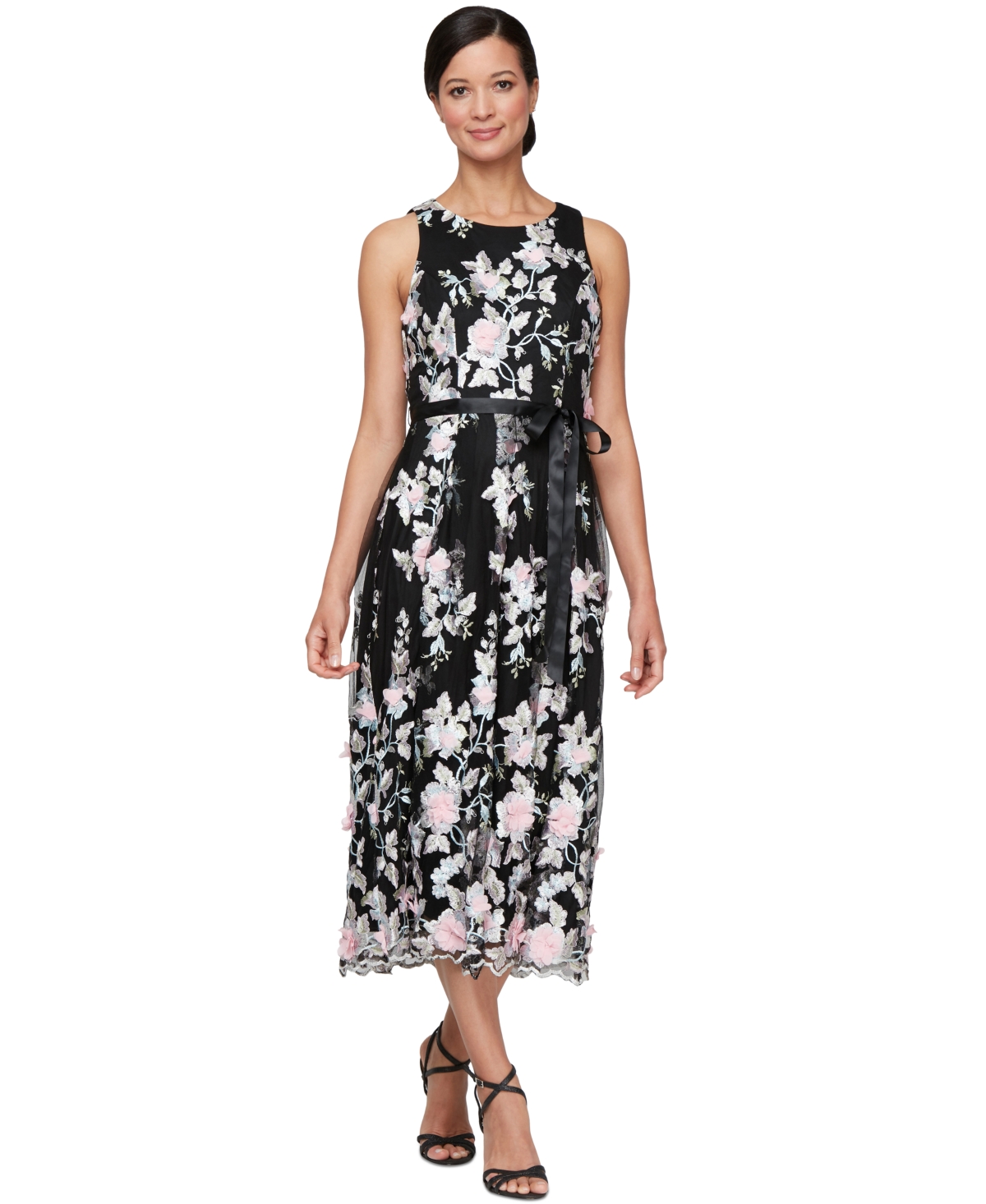Women's Embroidered-Chiffon Satin-Belt Dress - Black Multi