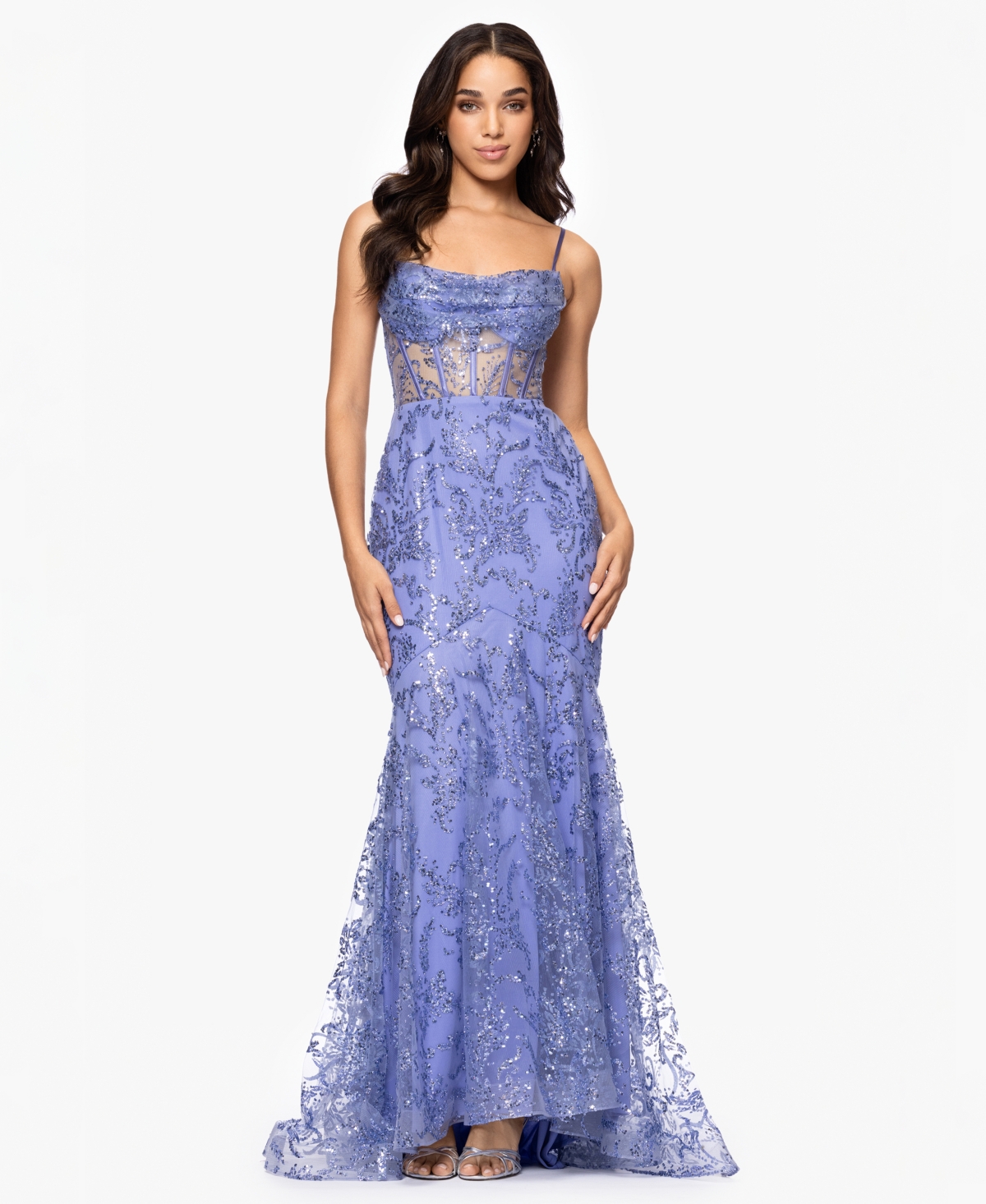 Juniors' Glitter-Floral Corset Gown - Periwinkle