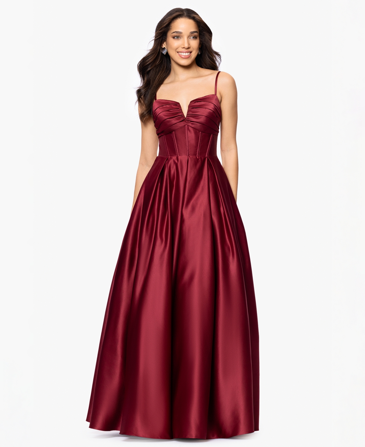 Juniors' Satin Notch-Neck Ball Gown - Wine