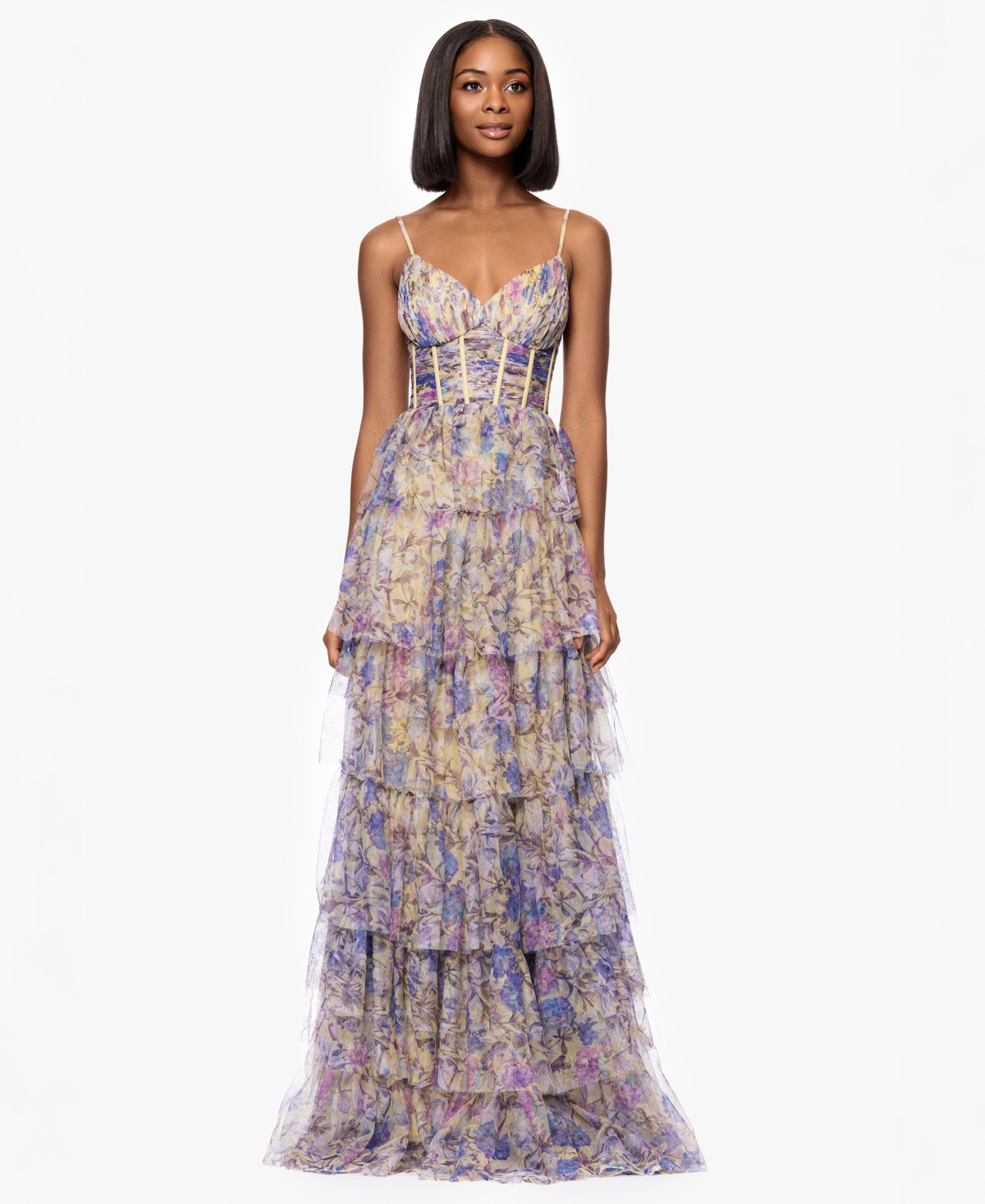 Juniors' Tiered Mesh Corset Gown - Yellow Multi
