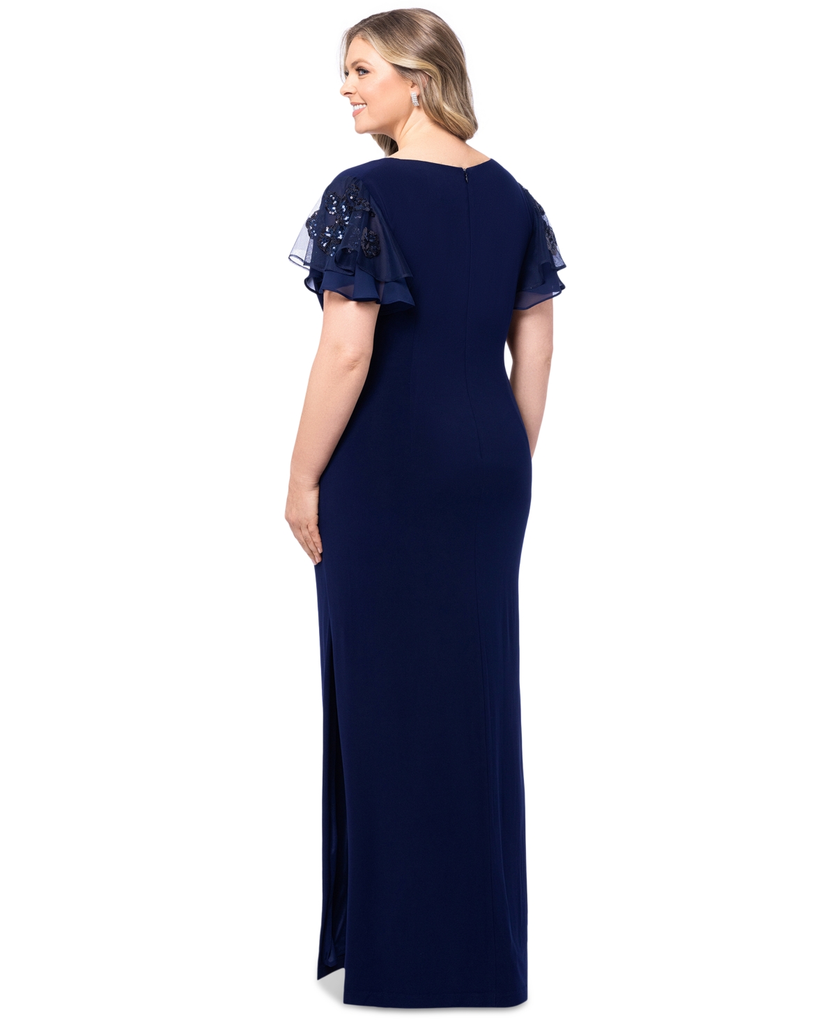 BETSY & ADAM PLUS SIZE FLUTTER-SLEEVE SURPLICE-NECK GOWN 