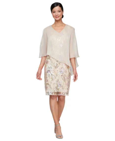 Petite Embellished Cape-Overlay Sheath Dress - Champagne Multi