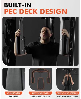 Smith Machine with PEC Dec, 2000LBS Squat Rack Chest Fly Machine with Cable System, Workout Weight Cage with Weight Bench, 230LBS Plates, Spotter Arms, Home Gym, for Home Gym