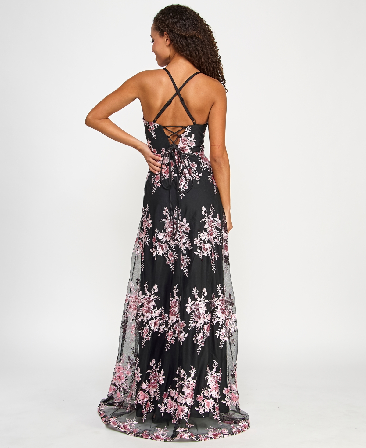Violet Weekend Juniors Sequin-embroidered Side-slit Gown In Black,pink