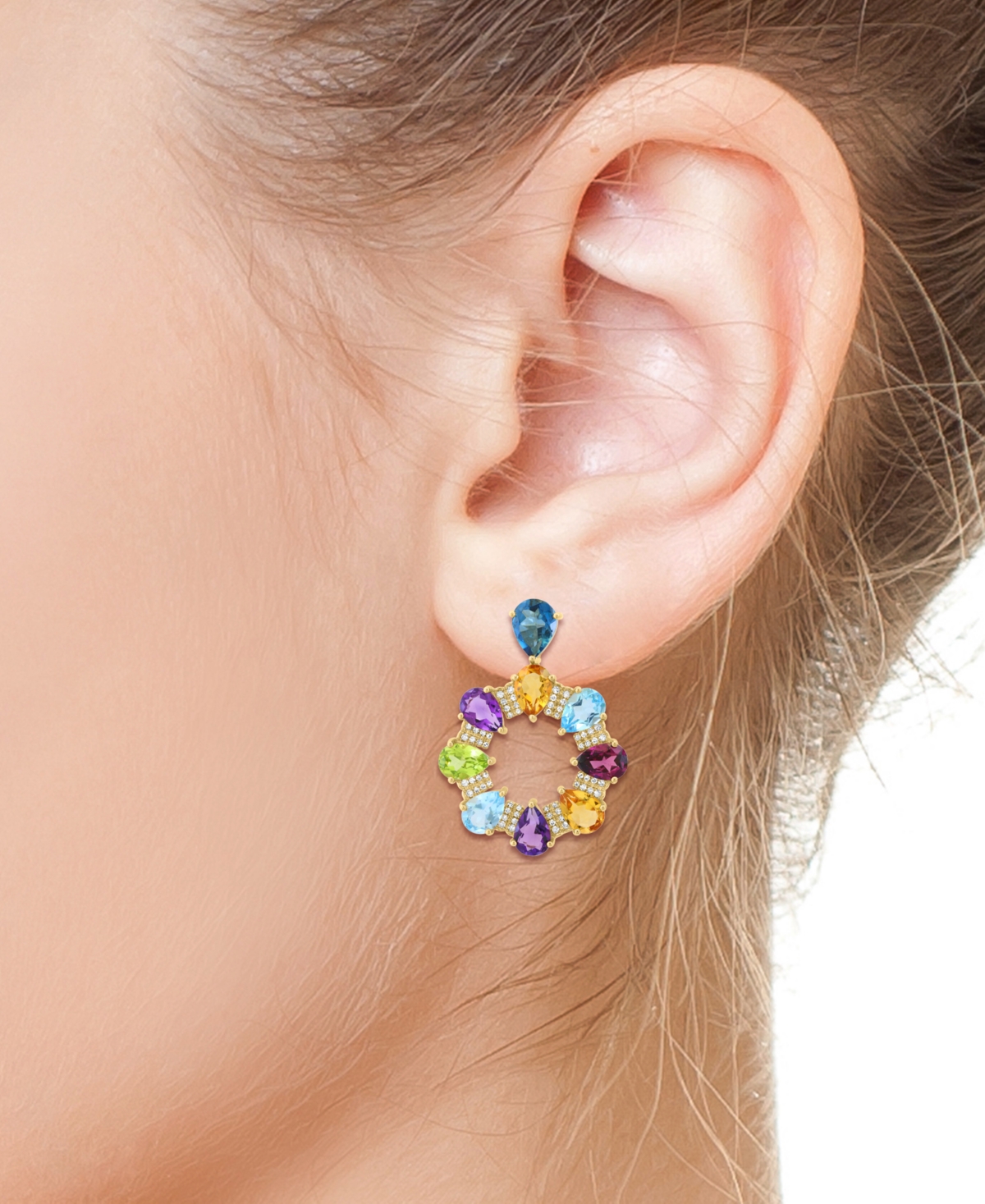 Effy Collection Effy Multi-gemstone (13 Ct. T.w.) & Diamond (3/8 Ct. T.w.) Pear And Pave Door Knocker Drop Earrings In Multi Stone