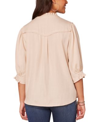 Women's Crochet Trim Button-Front Ruffle Shirt