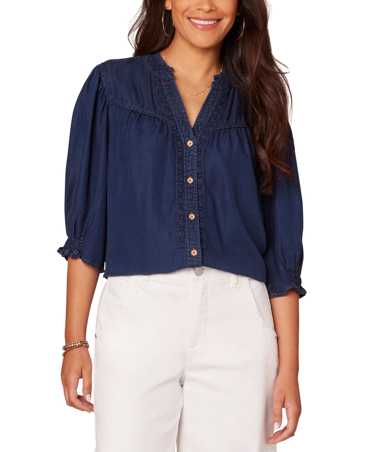 Women's Crochet Trim Button-Front Ruffle Shirt - In Indigo