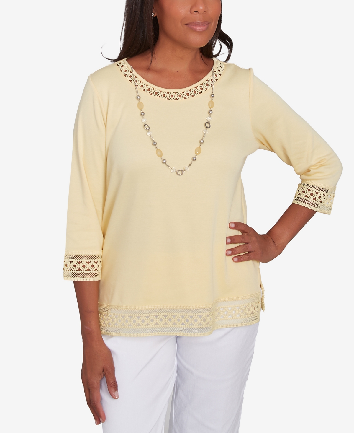 Petite Dress Code Solid Lace Trim Top with Necklace - Buttercup