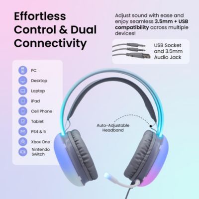 Rainbow LED Gaming Headset with Adjustable Microphone. For PS5, Ps4, Xbox Series X/S, Switch, PC, Mobile
