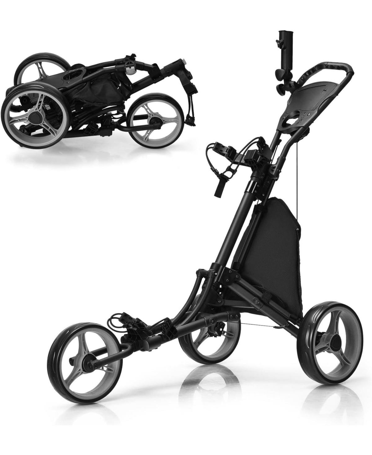3 Wheels Folding Golf Push Cart with Storage Bag and Scoreboard - Grey