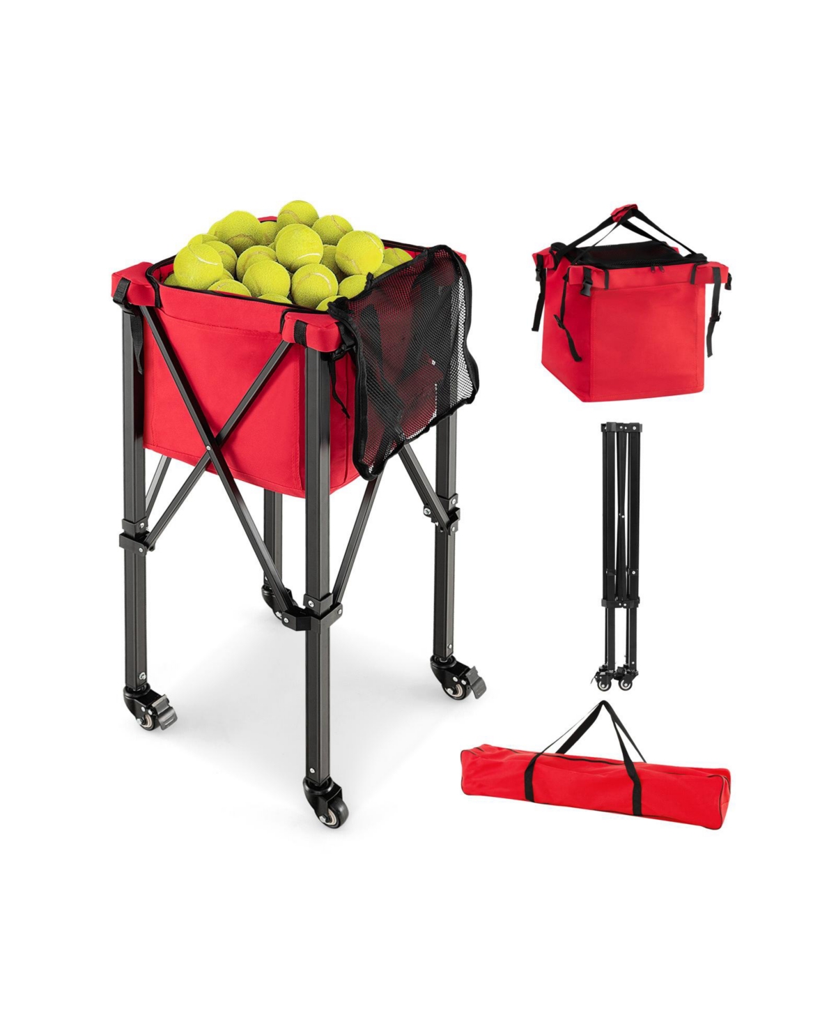 Lightweight Foldable Tennis Ball Teaching Cart with Wheels and Removable Bag - Red
