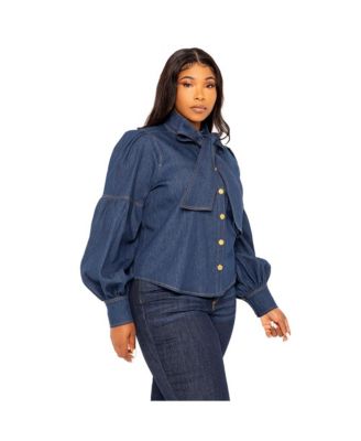 Women's Plus Size Bow Neck Puff Sleeve Denim Blouse