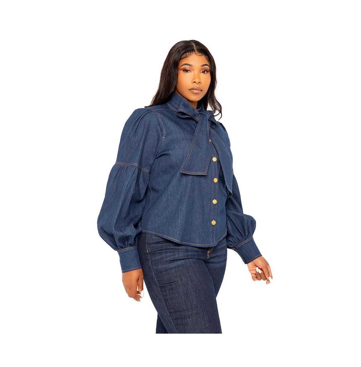 Shop Buxom Couture Women's Plus Size Bow Neck Puff Sleeve Denim Blouse In Denim Blue