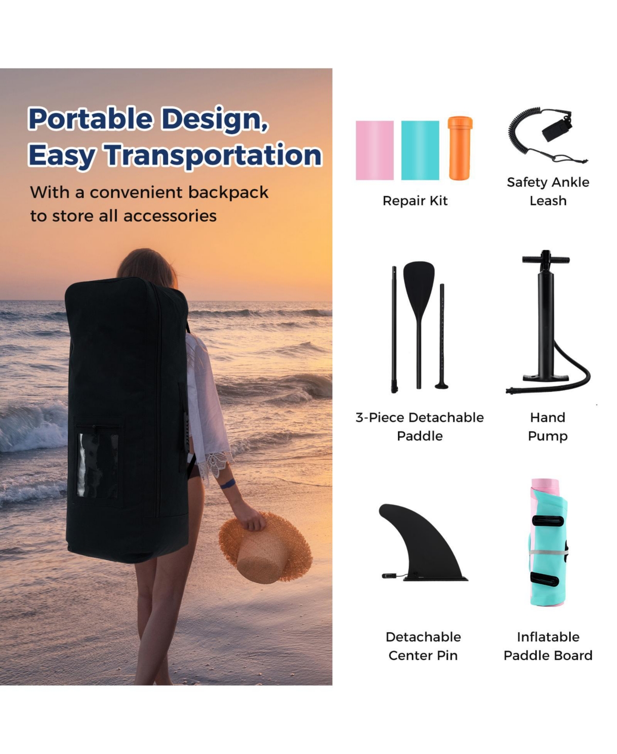 10 Feet Inflatable Stand up Paddle Board with 3 Fins and Adjustable Paddle