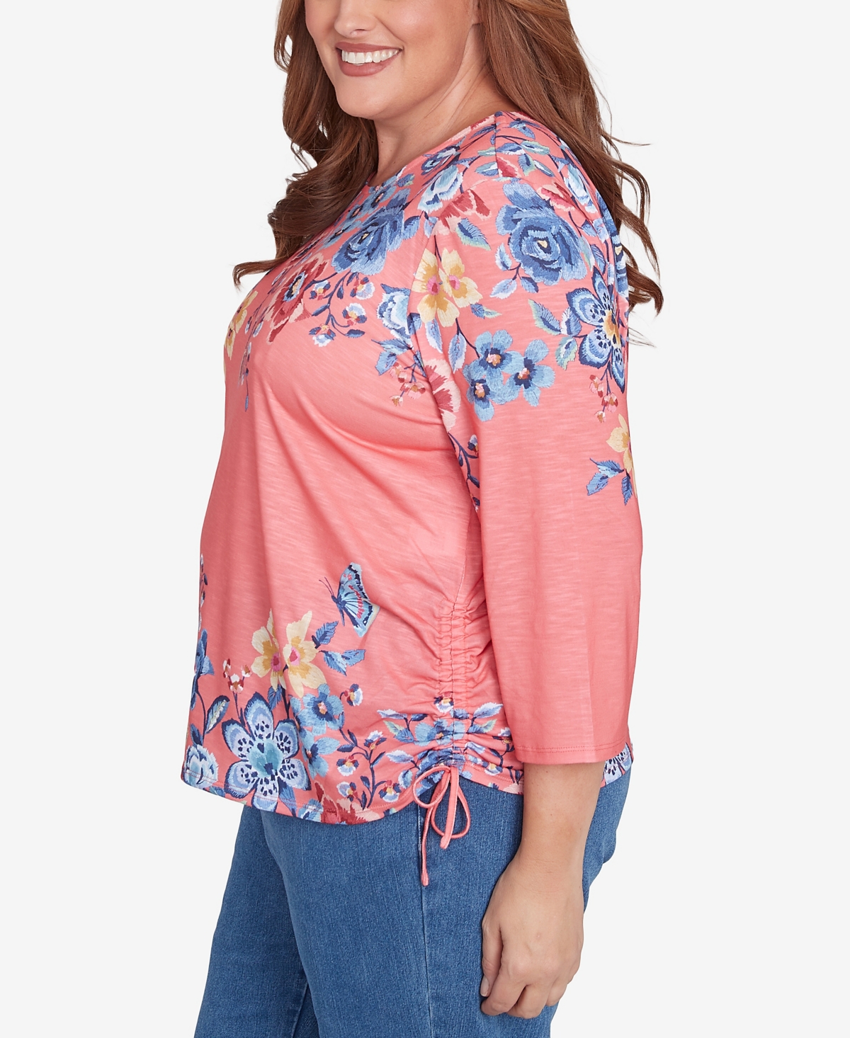 Alfred Dunner Plus Size Free Spirit Showstopping Crew Neck Floral Knit Top In Coral