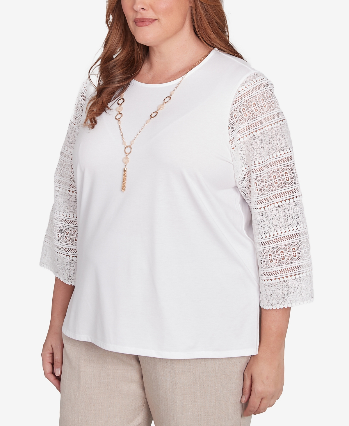 Alfred Dunner Plus Size Kensington Gardens Solid Lace Sleeve Knit Top With Necklace In Ivory