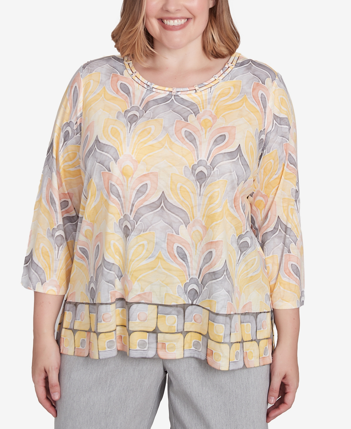 Alfred Dunner Plus Size Dress Code Geometric Medallion Crewneck Top In Multi Yellow
