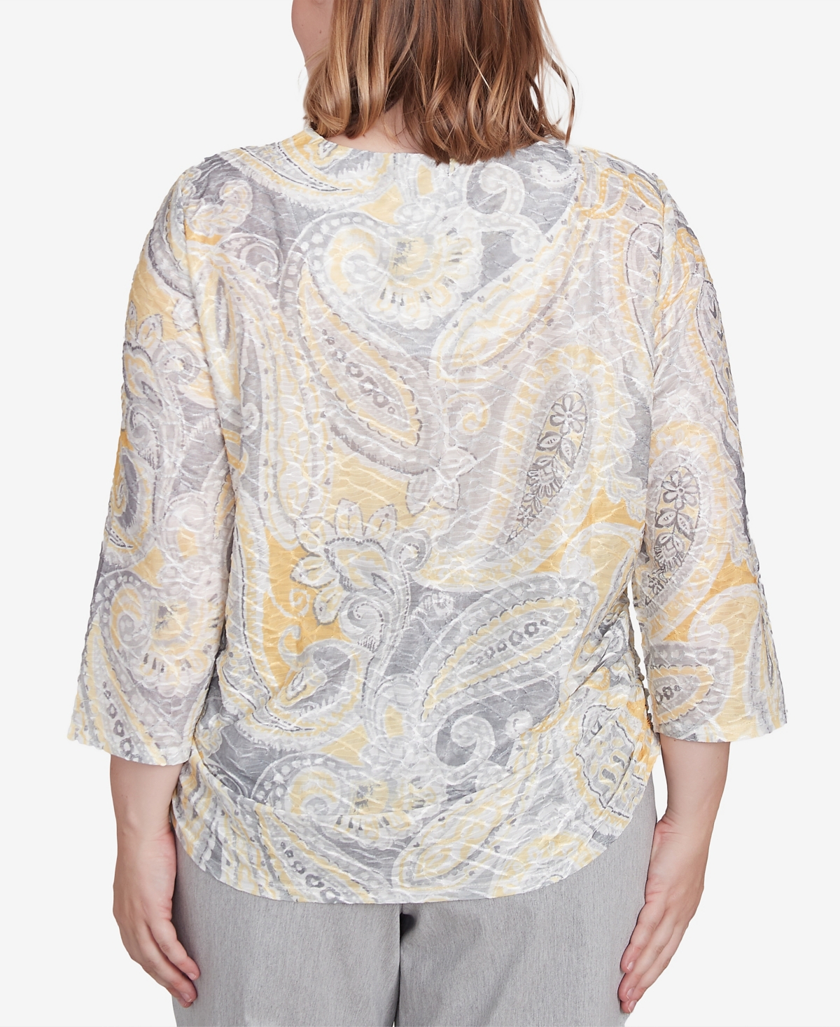 Alfred Dunner Plus Size Dress Code Textured Paisley Beaded Neck Top In Grey Multi