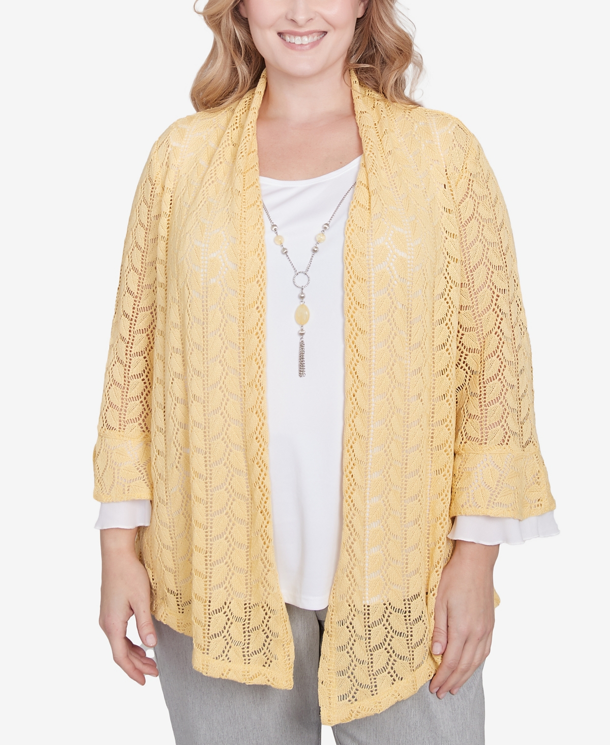 Alfred Dunner Plus Size Dress Code Two In One Pointelle Knit Top With Necklace In Buttercup