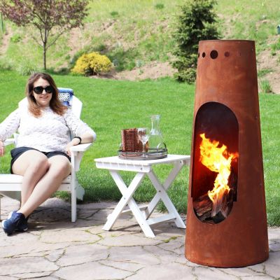 Outdoor Backyard Patio Steel Santa Fe Wood-Burning Fire Pit Chiminea with Wood Grate - 50" - Rustic Finish