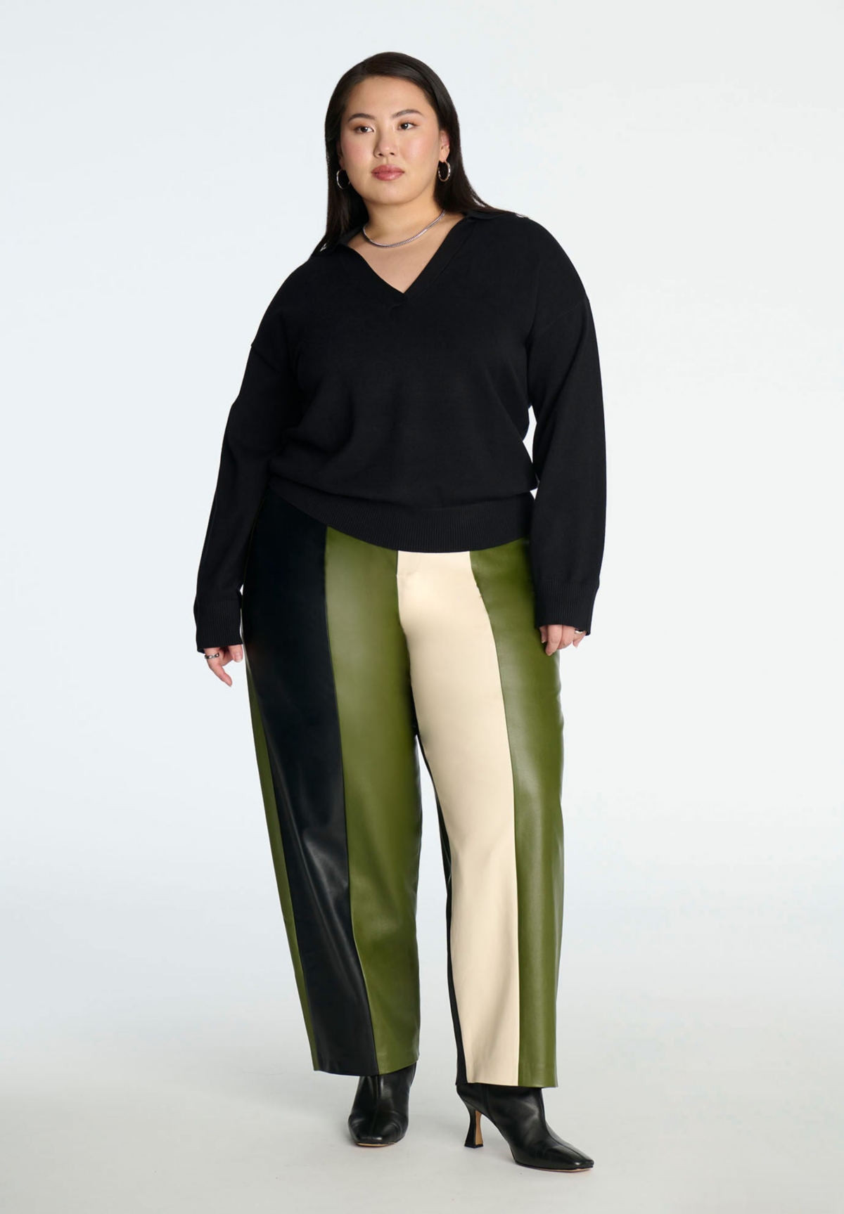 Plus Size Colorblocked Faux Leather Pant - Moss black ecru