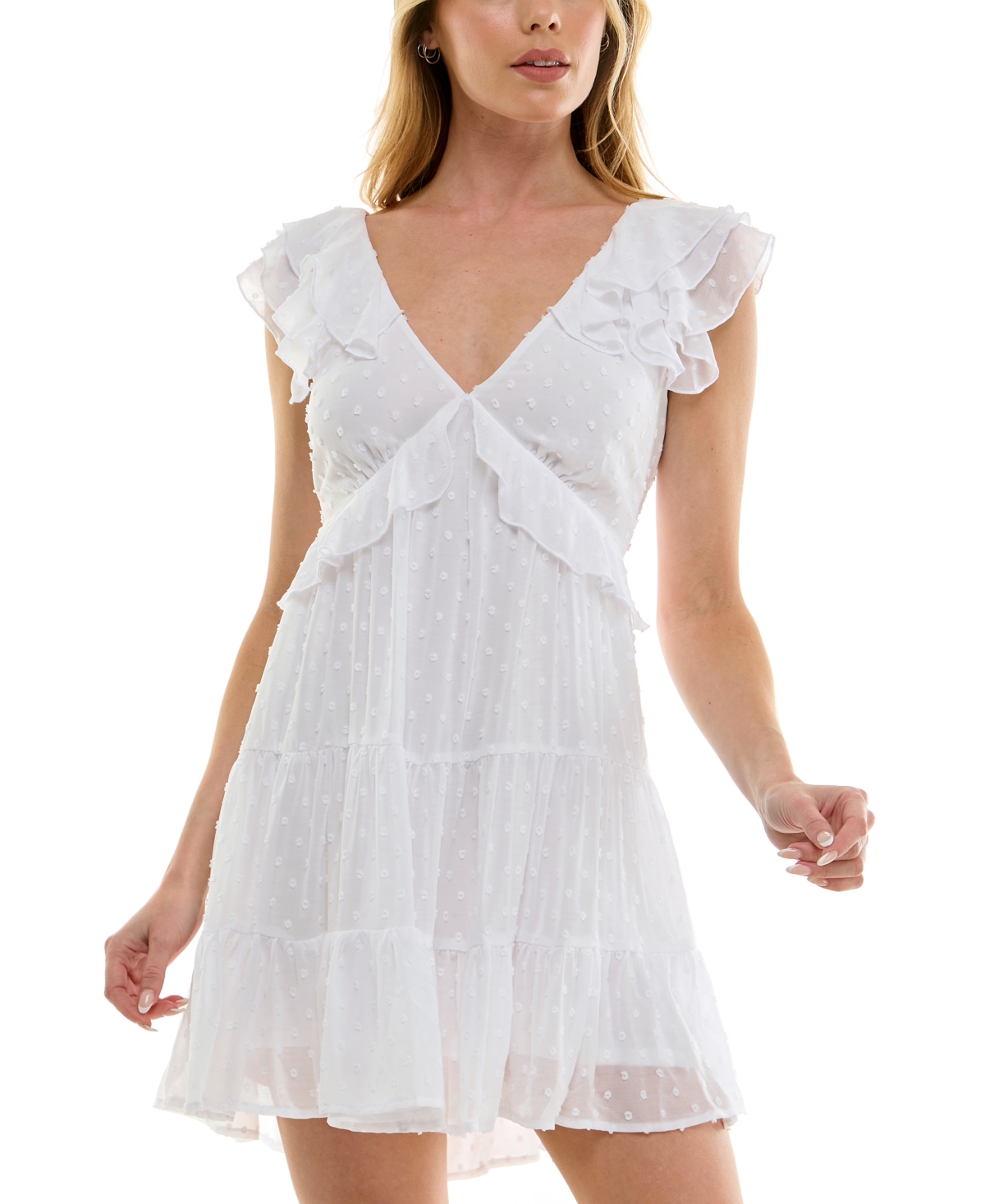 Trixxi Juniors' Clip-dot Ruffled V-neck Tiered Dress In White