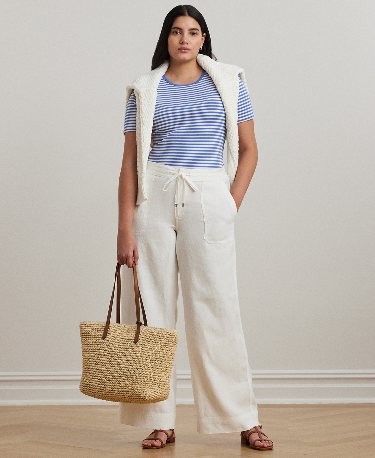 Shop Ralph Lauren Plus Size Striped Stretch Cotton Crewneck Tee In Soft Lazuli Mascarpone Cream
