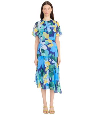 Women's Flutter-Sleeve Floral-Print Asymmetrical Dress