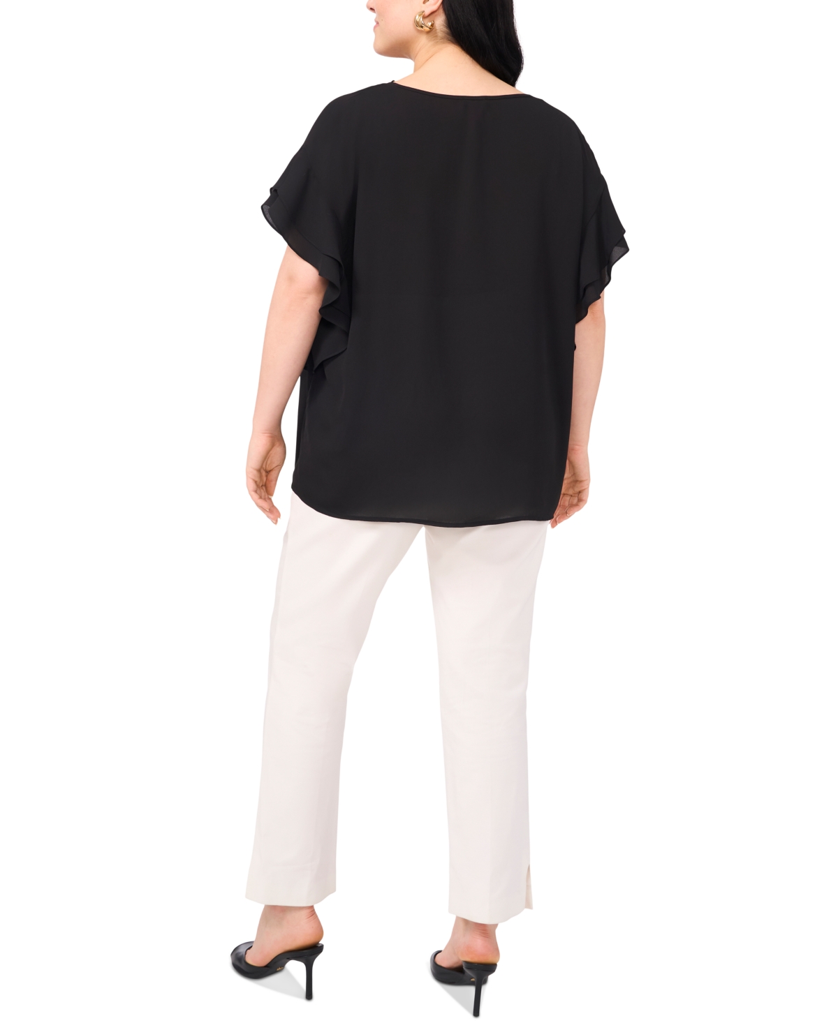 Vince Camuto Plus Size Flutter-sleeve Split-neck Top In Rich Black