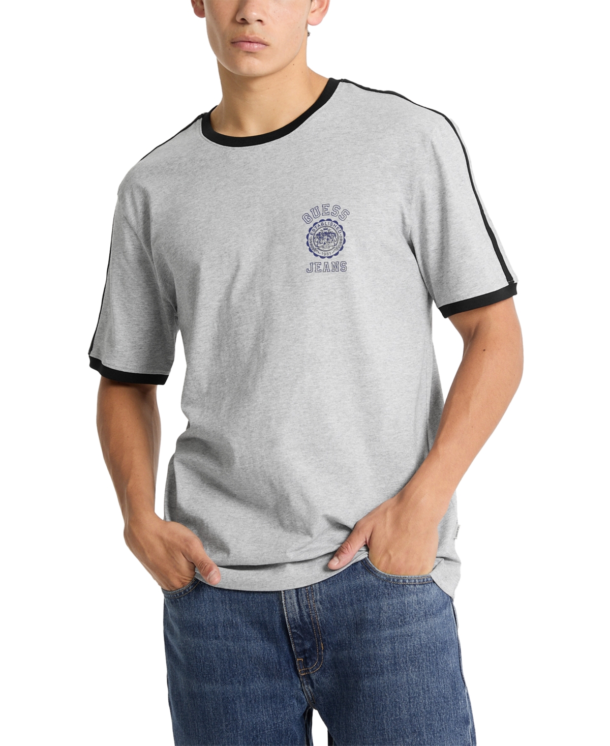 Guess Men's Tipped Logo Ringer T-Shirt - Heather Gray