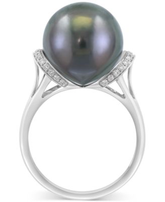 EFFY&reg; Cultured Black Tahitian Pearl (13mm) & Diamond (1/8 ct. t.w.) Ring in 14k White Gold