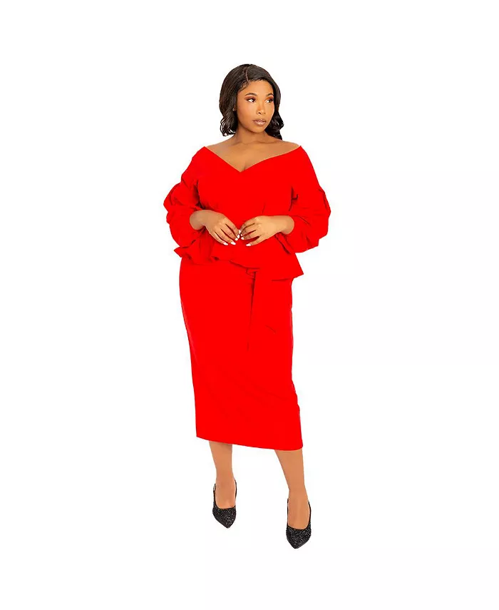 Plus Size Off Shoulder Peplum Midi Dress - thumbnail 2