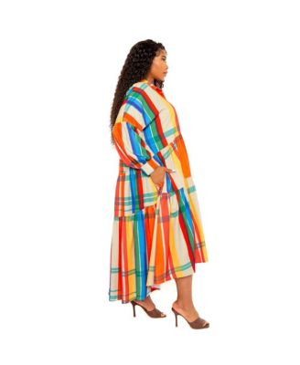 Women's Plus Size Plaid Puff Sleeve Tiered Shirt Dress