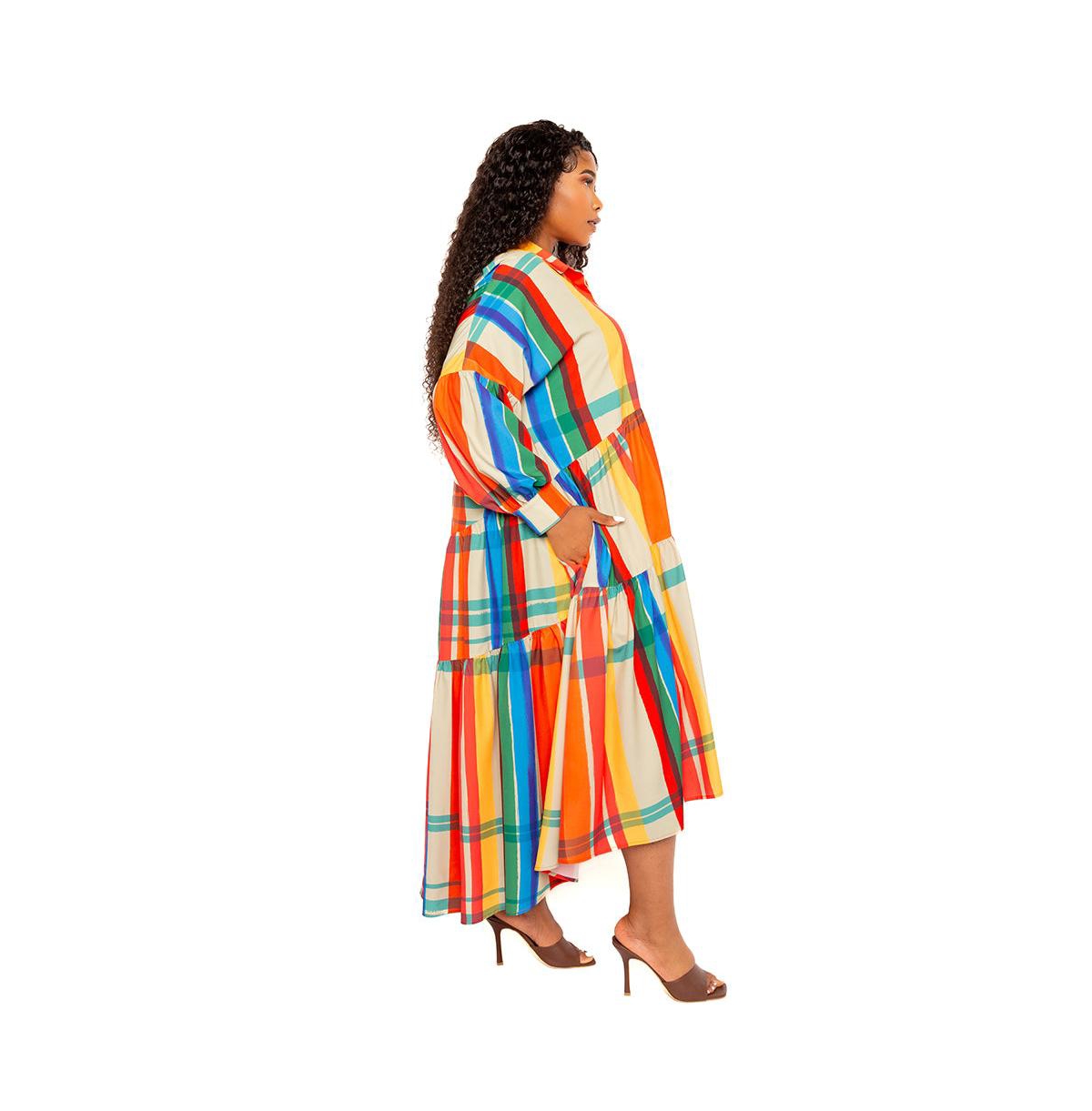 Shop Buxom Couture Women's Plus Size Plaid Puff Sleeve Tiered Shirt Dress In Rust Multi