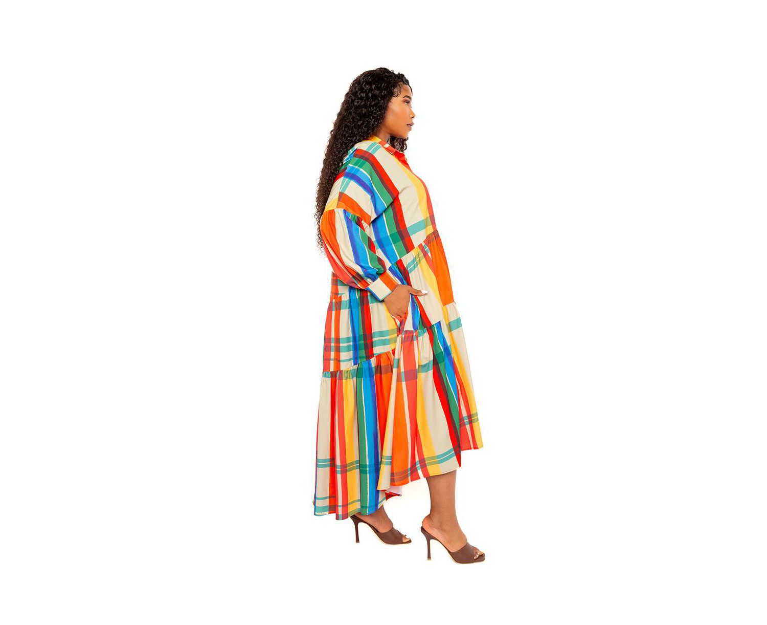 Women's Plus Size Plaid Puff Sleeve Tiered Shirt Dress