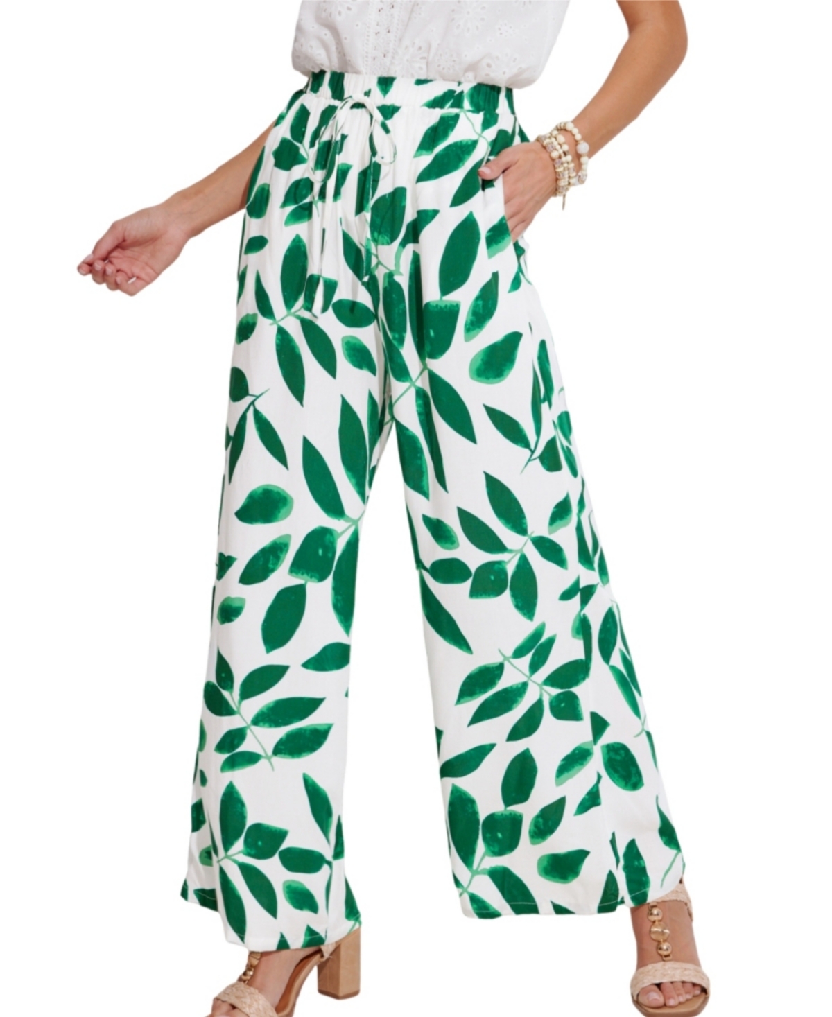 Women's White & Green Tropical Leaf Drawstring Cover-up Pants - Dark green