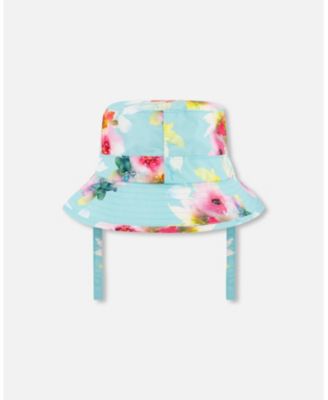 Toddler Printed Beach Sun Hat Turquoise And Pink Flowers