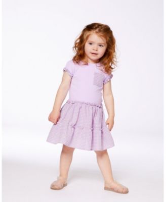 Toddler Girls Bi-Material Dress With Ruffle Gingham Skirt Lilac And White - Toddler|Child
