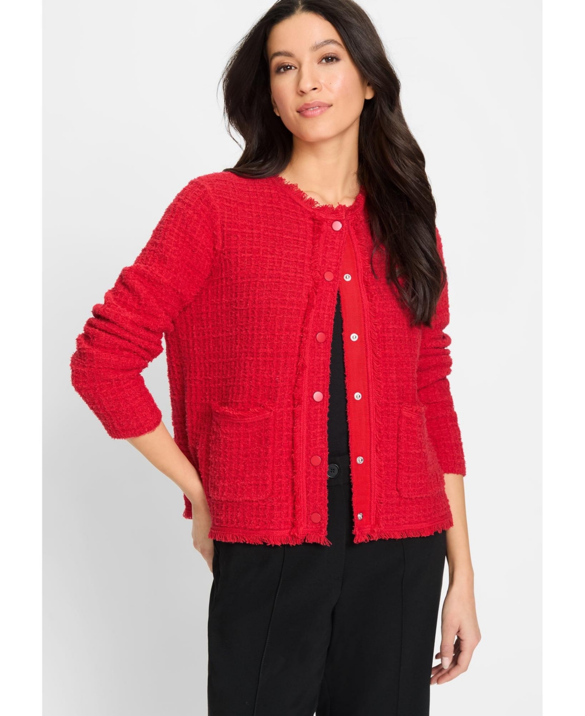 Women's Tweed Button Front Sweater Jacket - Red rose