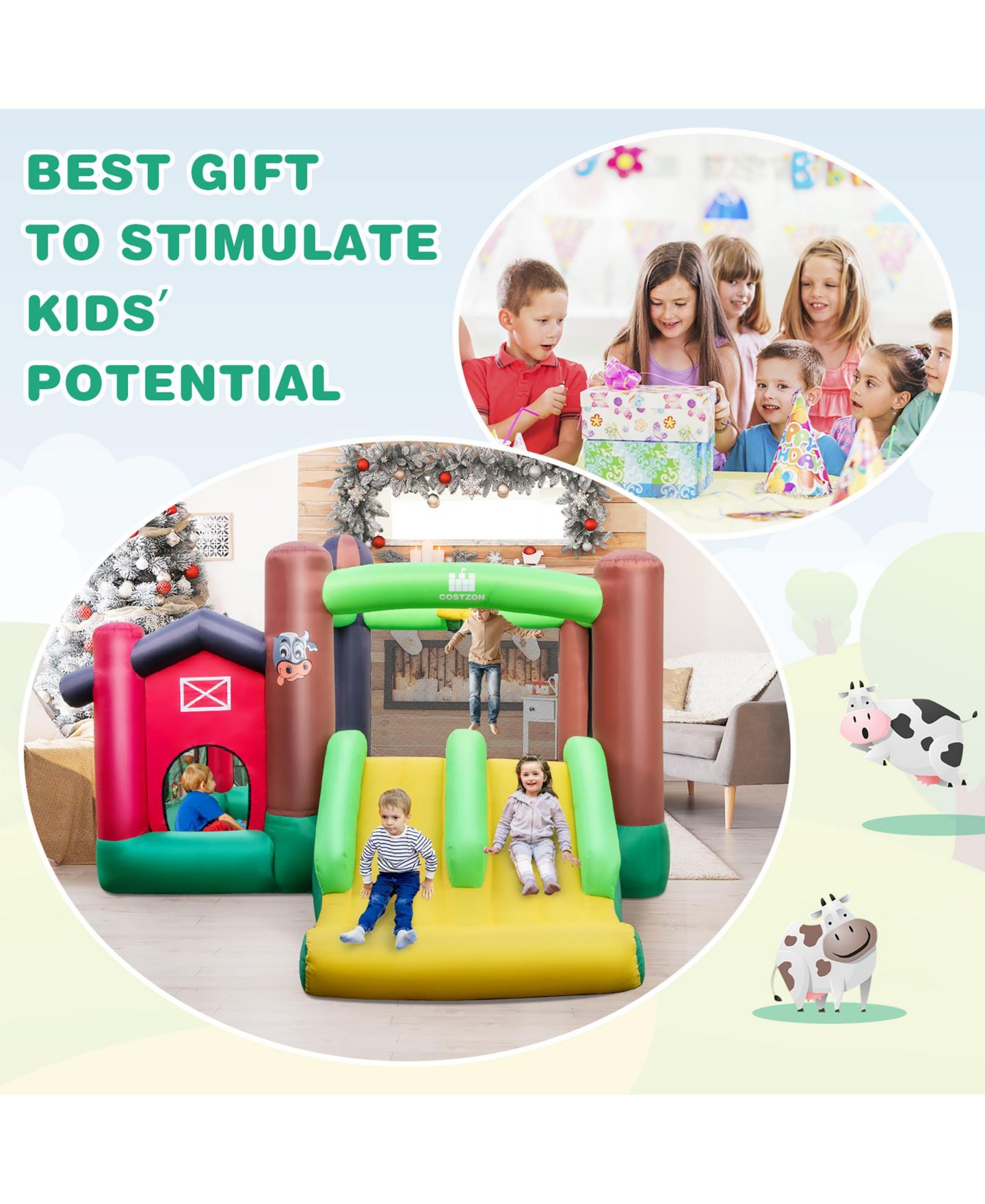 Детские игрушки Costway Farm Themed Inflatable Bounce House with Double Slides and Ball Pit, 140"L x 130"W x 87"H, от 3 лет, цвет: Зелёный — фото 5