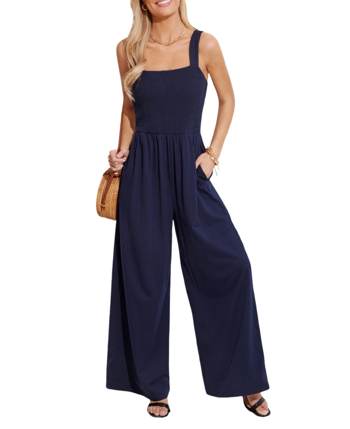 Women's Navy Square Neck Wide Leg Jumpsuit - Dark blue