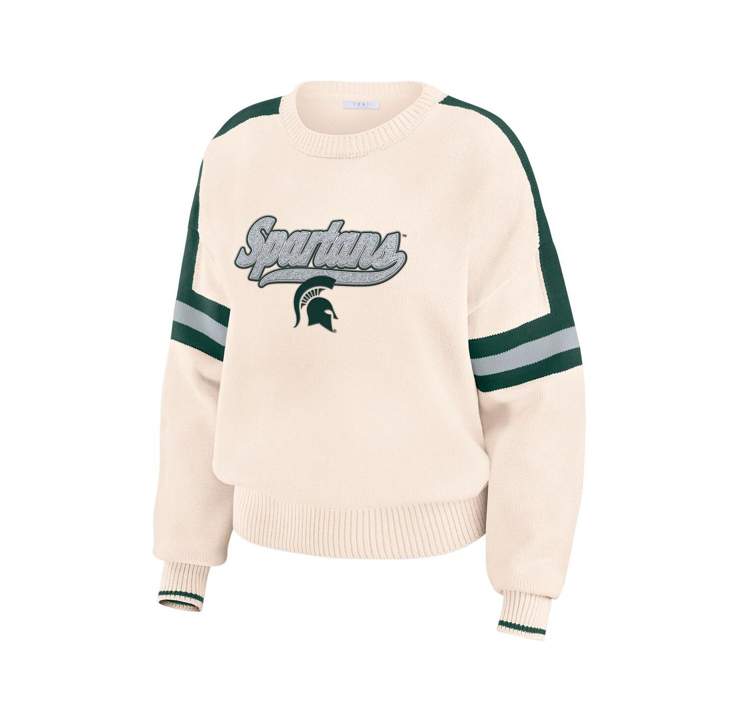 Women's Cream Michigan State Spartans Chenille Woven Patch Stripe Pullover Sweater
