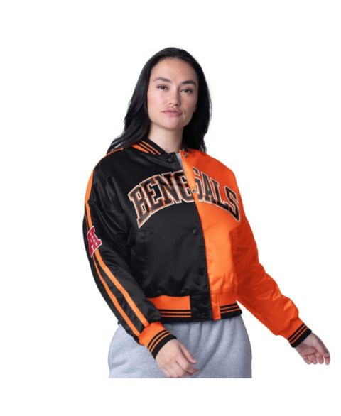 Женские куртки Starter Women's Black/Orange Cincinnati Bengals Zone Blitz Cropped Full-Snap Satin Jacket