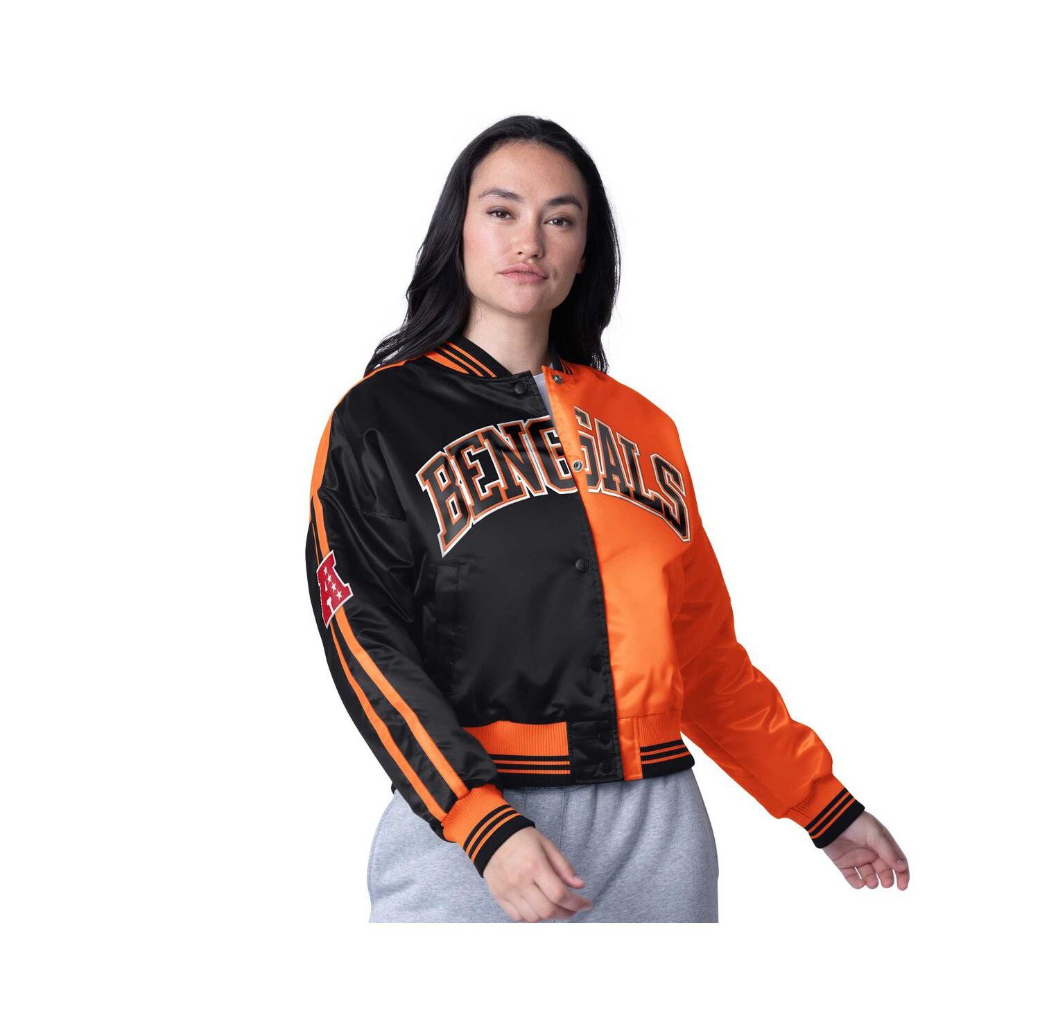 Women's Black/Orange Cincinnati Bengals Zone Blitz Cropped Full-Snap Satin Jacket