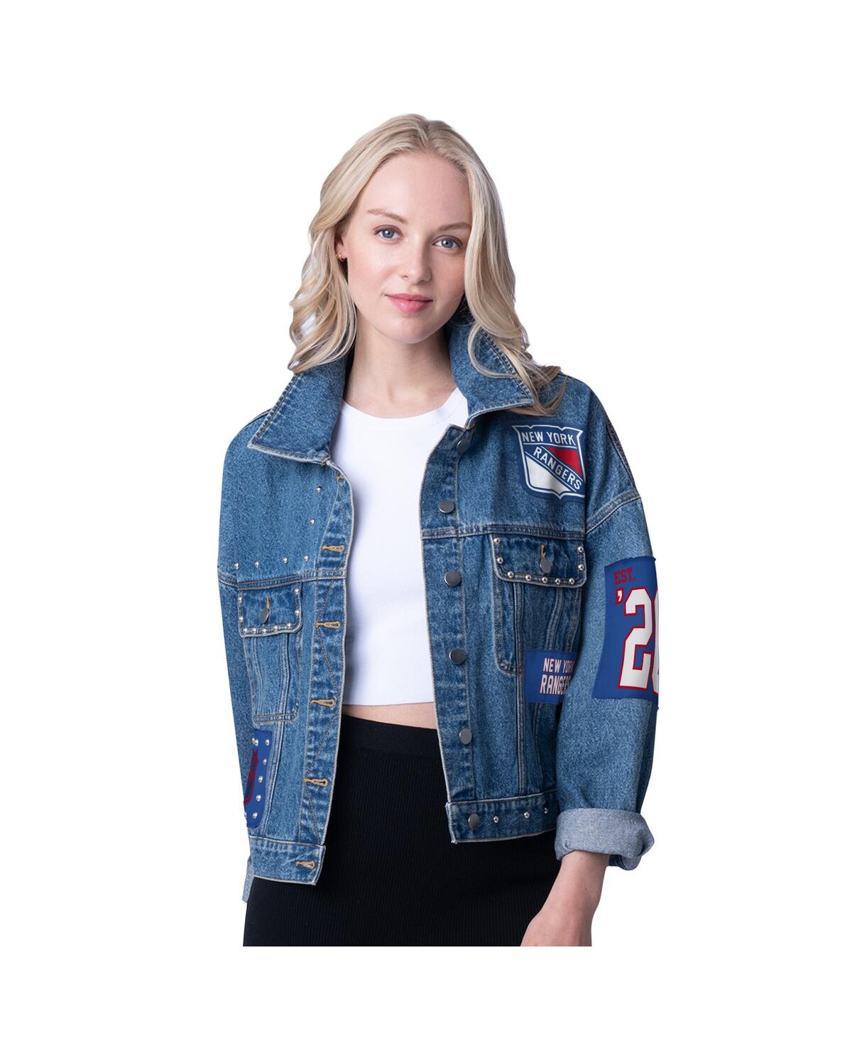 Women's New York Rangers Game Ball Cropped Button-Up Denim Jacket - Denim