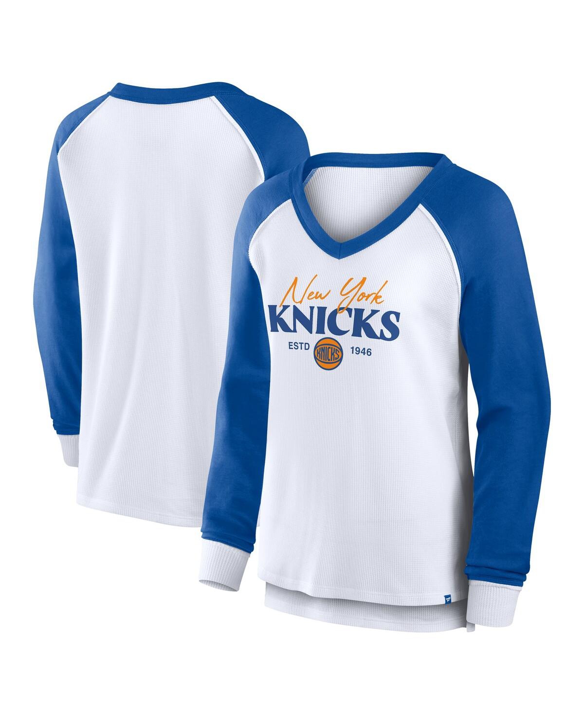 Fanatics Women's White New York Knicks Open Lane Waffle Long Sleeve V-neck T-shirt In White